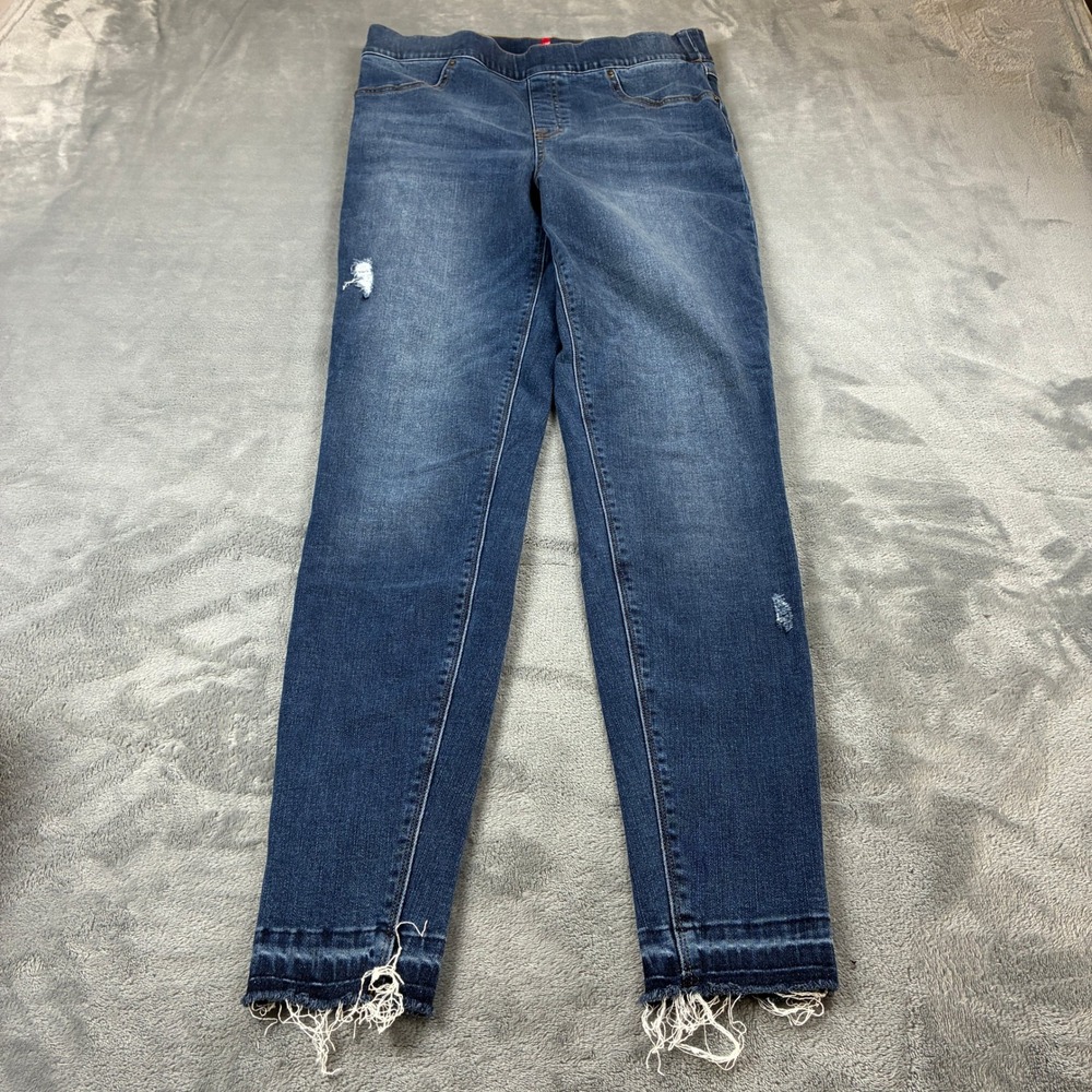 Spanx Jean-ish Ankle Skinny Leggings Distressed Raw Hem Medium Wash Tall Large